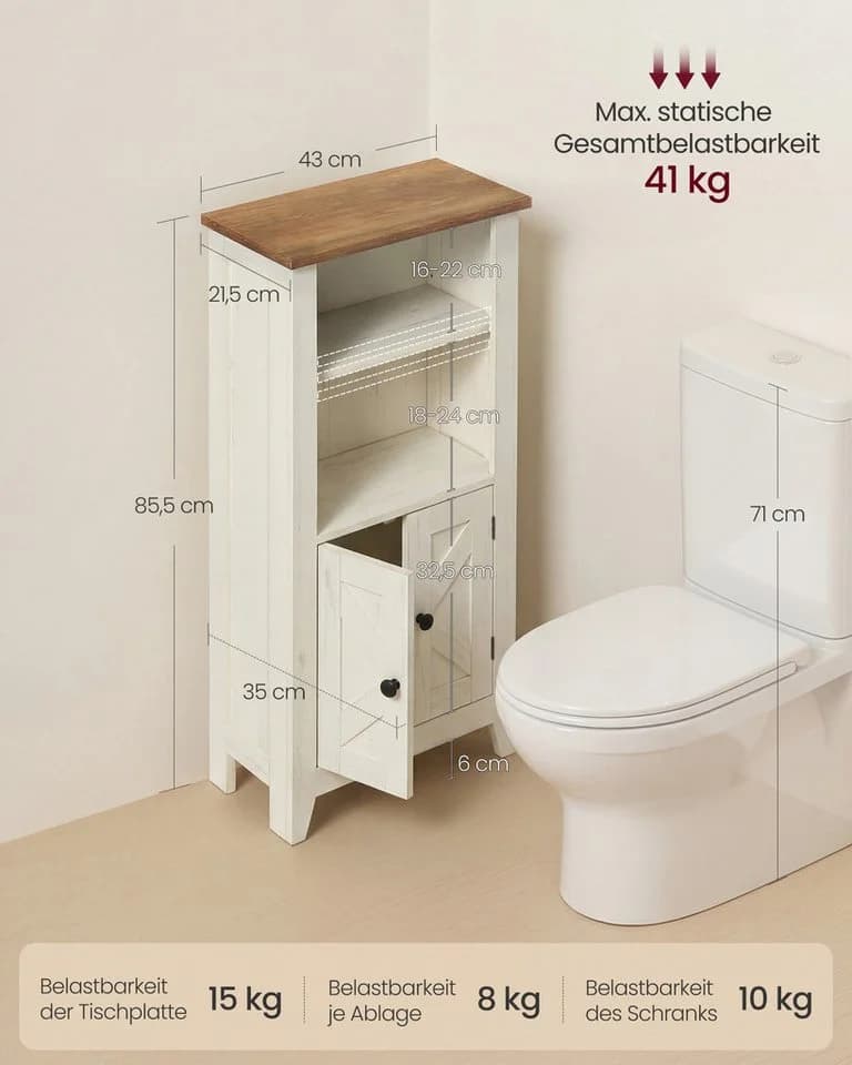 VASAGLE Badschrank Landhausstil Weiß/Braun mit verstellbarer Ablage - Bild 4