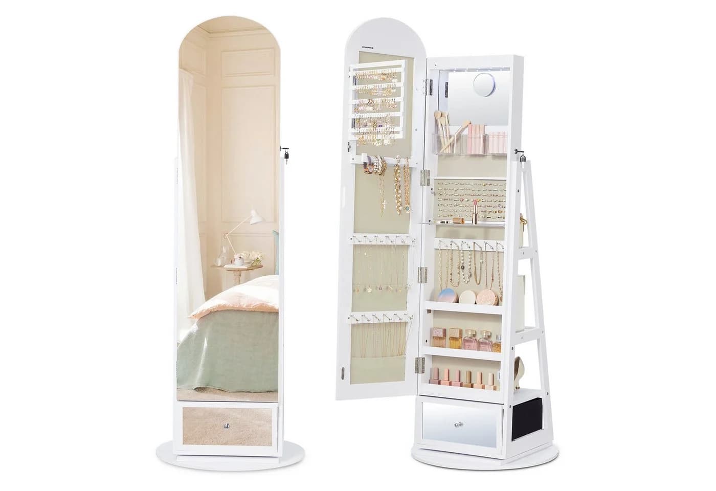 SONGMICS Schmuckschrank 360° drehbar mit LED-Beleuchtung und Ganzkörperspiegel - Bild 2
