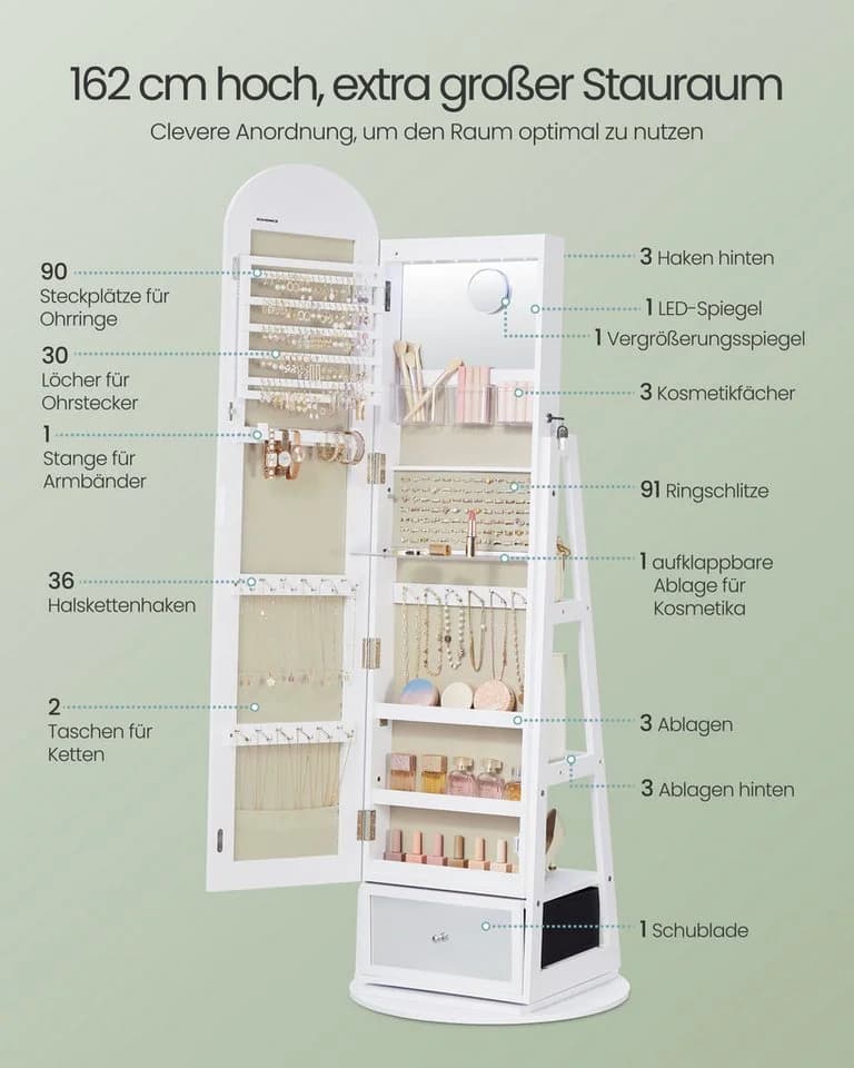 SONGMICS Schmuckschrank 360° drehbar mit LED-Beleuchtung und Ganzkörperspiegel - Bild 5