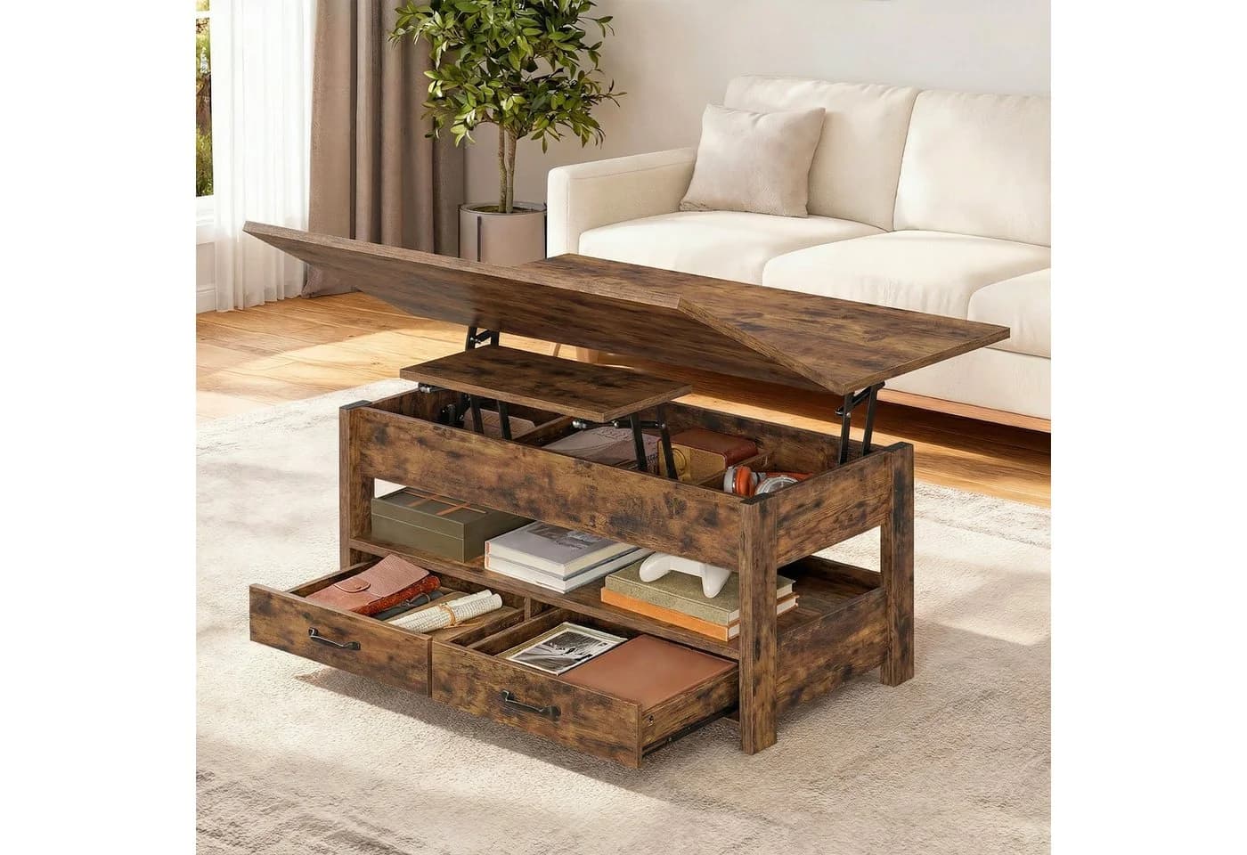 VASAGLE Couchtisch höhenverstellbar mit Stauraum braun - Bild 2