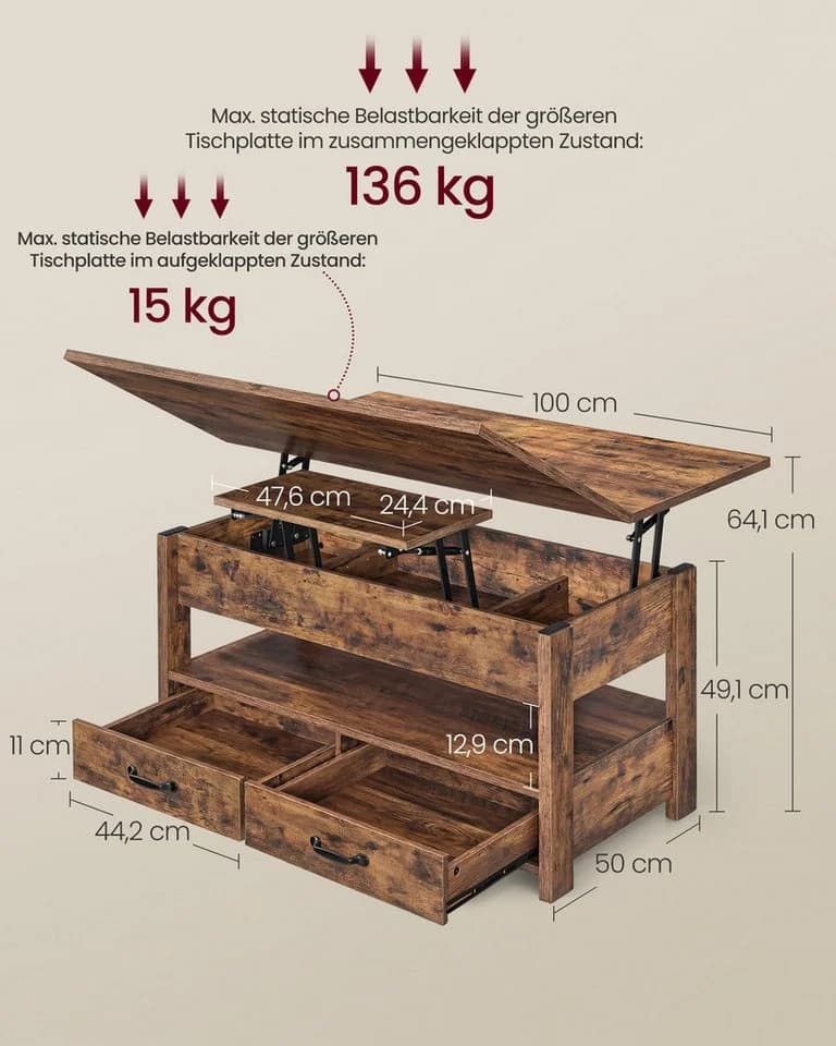 VASAGLE Couchtisch höhenverstellbar mit Stauraum braun - Bild 3