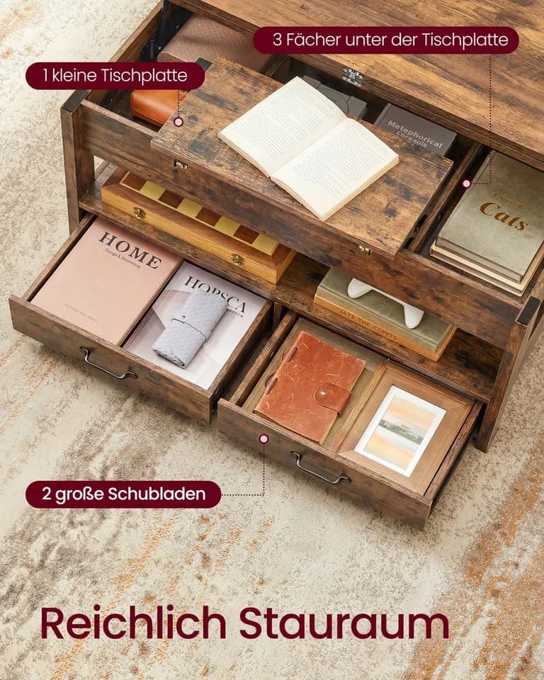 VASAGLE Couchtisch höhenverstellbar mit Stauraum braun - Bild 5