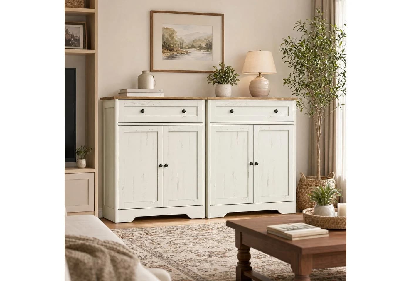 VASAGLE Buffet Aufbewahrungsschrank Vintageweiß Landhausstil mit Schublade