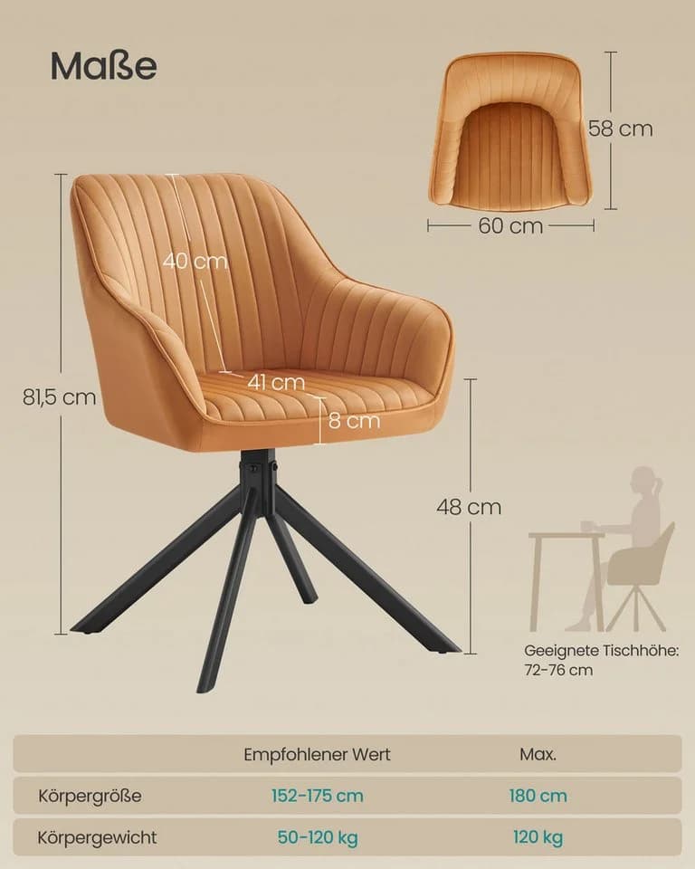 SONGMICS Esszimmerstuhl Karamellbraun Schwarz 4er Set Drehbar - Bild 4
