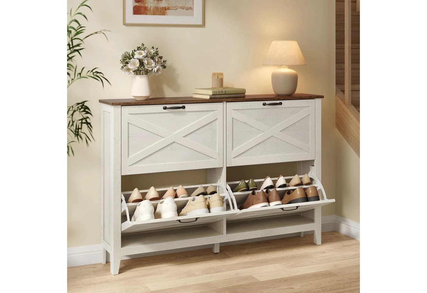 VASAGLE Schuhschrank 4 Klappen Weiß Landhausstil - Bild 2
