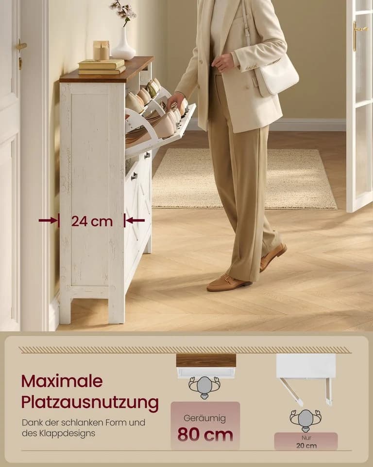VASAGLE Schuhschrank 4 Klappen Weiß Landhausstil - Bild 4