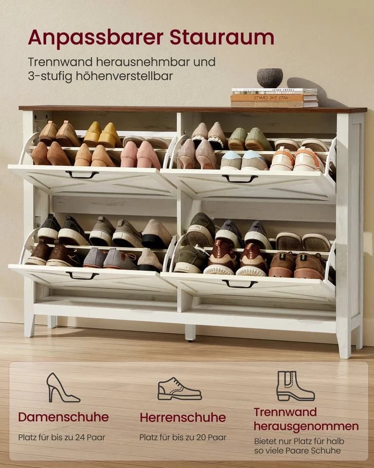 VASAGLE Schuhschrank 4 Klappen Weiß Landhausstil - Bild 5