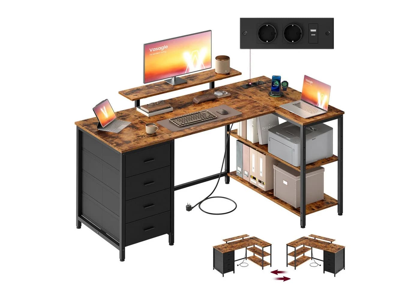 VASAGLE L-förmiger Eckschreibtisch Braun mit Steckdosen, Schubladen & USB - Bild 2