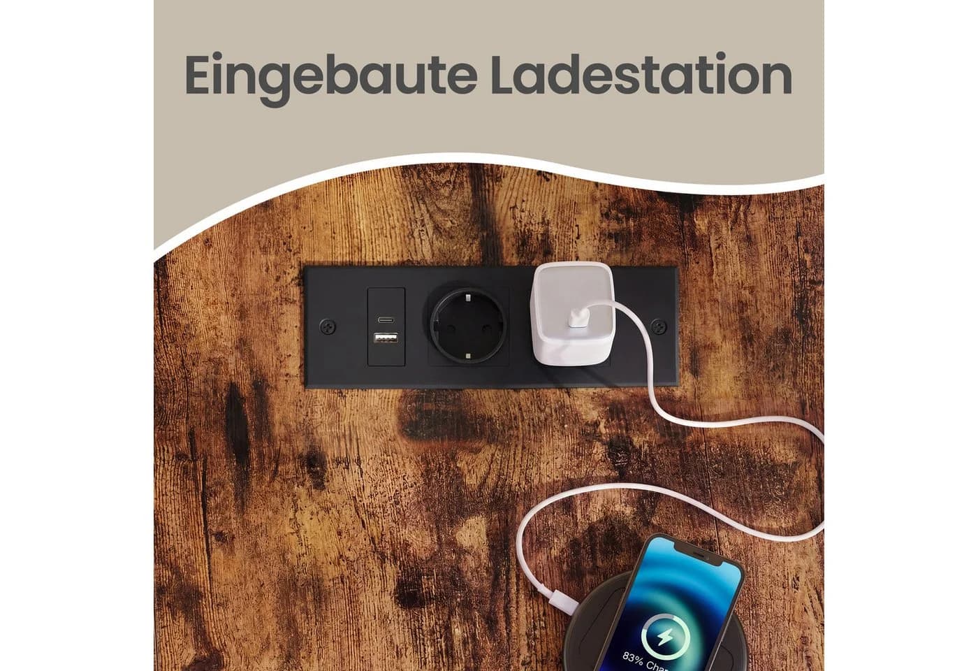 VASAGLE L-förmiger Eckschreibtisch Braun mit Steckdosen, Schubladen & USB - Bild 4