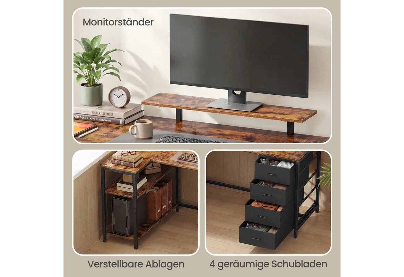 VASAGLE L-förmiger Eckschreibtisch Braun mit Steckdosen, Schubladen & USB - Bild 5