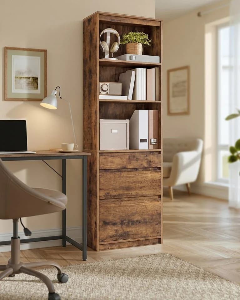 VASAGLE Bücherregal Hochschrank Vintagebraun 3 Schubladen verstellbare Ablagen