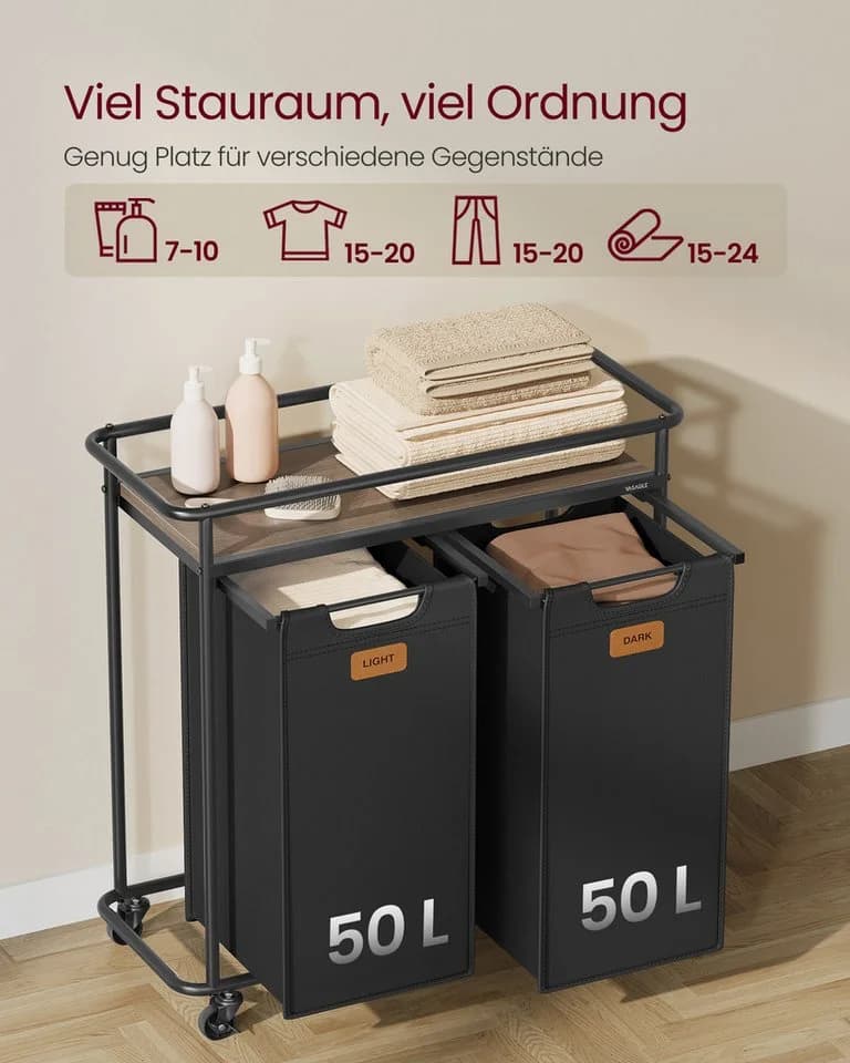 VASAGLE Wäschesortierer mit Rollen 2 Fächer 100L Schwarz-Braun - Bild 3