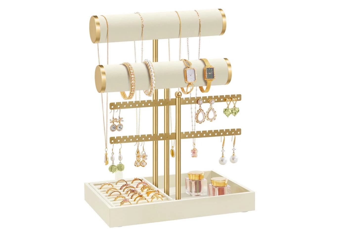 SONGMICS Schmuckständer mit Samt-Tablett und abnehmbarem Ringhalter Weiß-Gold - Bild 2