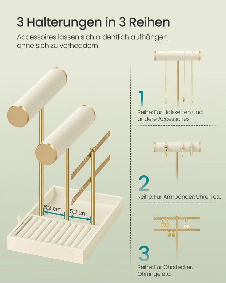 SONGMICS Schmuckständer mit Samt-Tablett und abnehmbarem Ringhalter Weiß-Gold - Bild 4