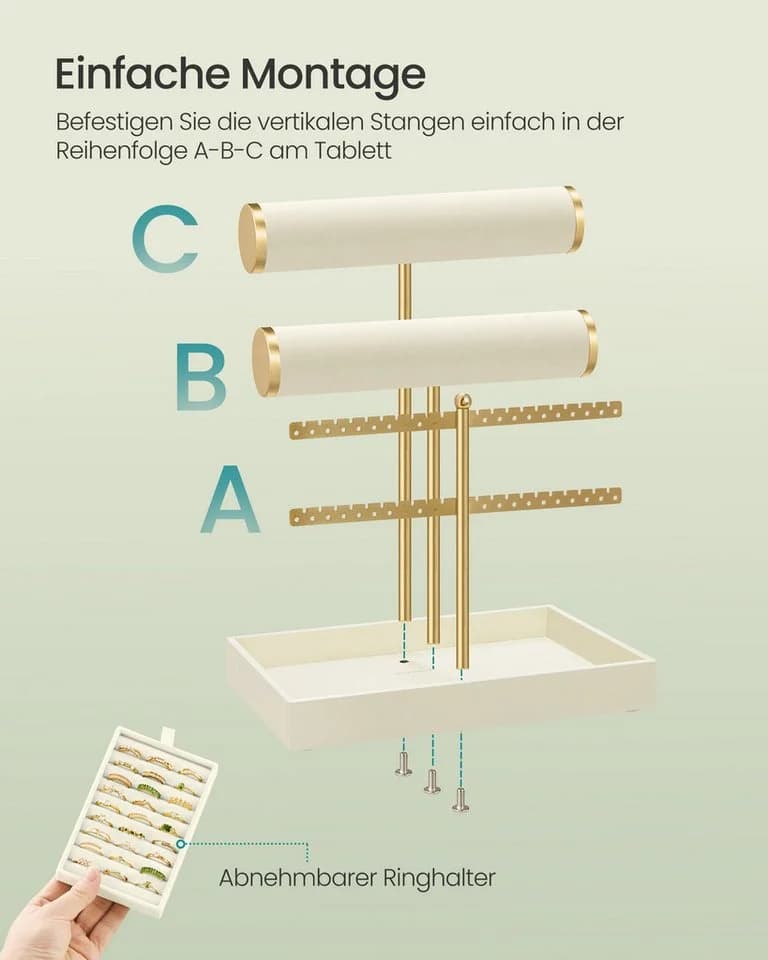 SONGMICS Schmuckständer mit Samt-Tablett und abnehmbarem Ringhalter Weiß-Gold - Bild 5