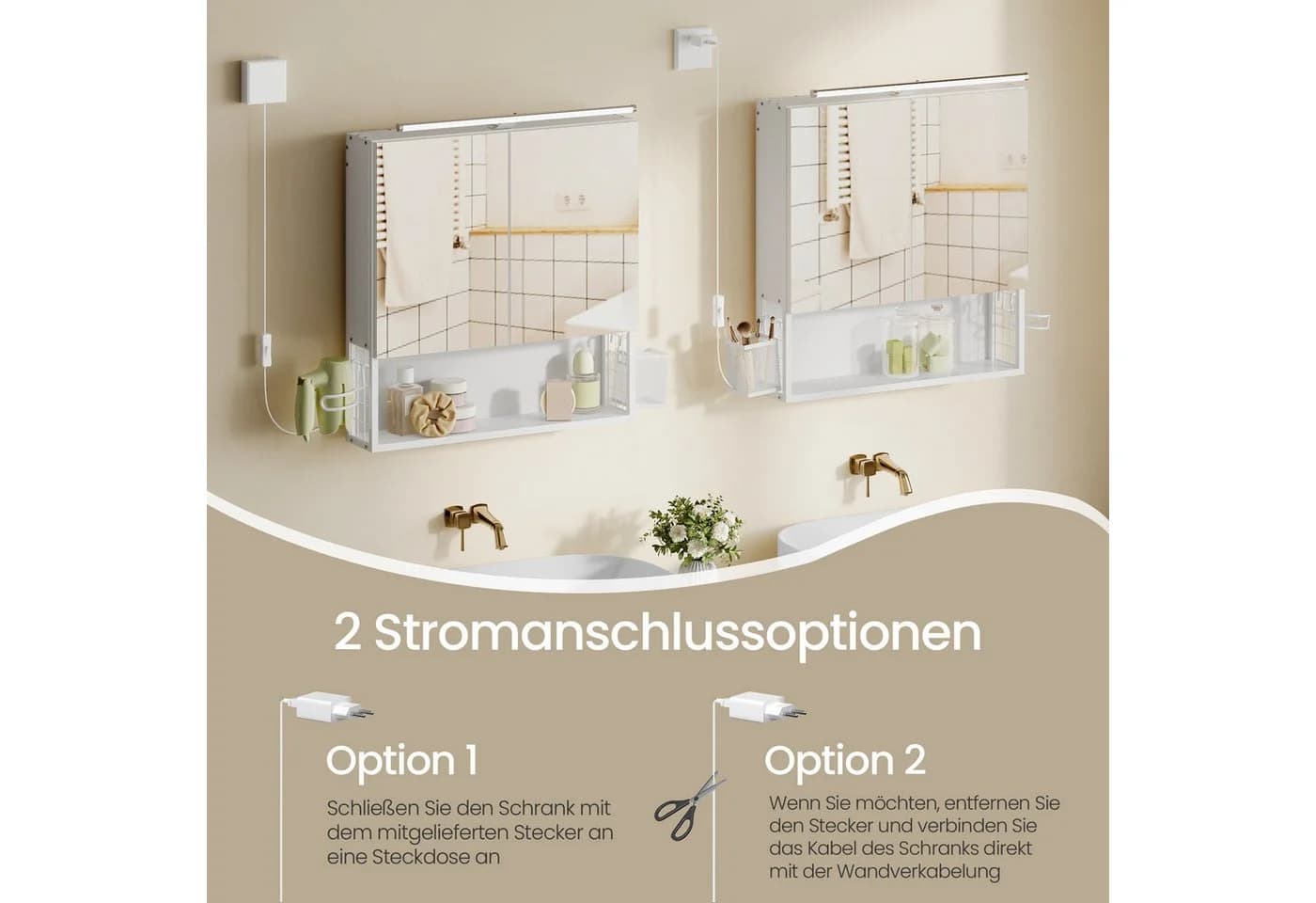 VASAGLE Spiegelschrank mit LED-Beleuchtung, 2 Türen, Weiß - Bild 5