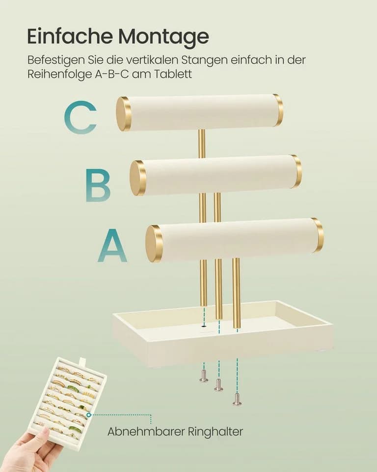 SONGMICS Schmuckständer Weiß-Gold mit 3 Armbandhaltern & Samt-Tablett - Bild 4