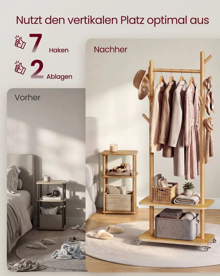 VASAGLE Garderobenständer Natur Massivholz mit Rollen - Bild 3