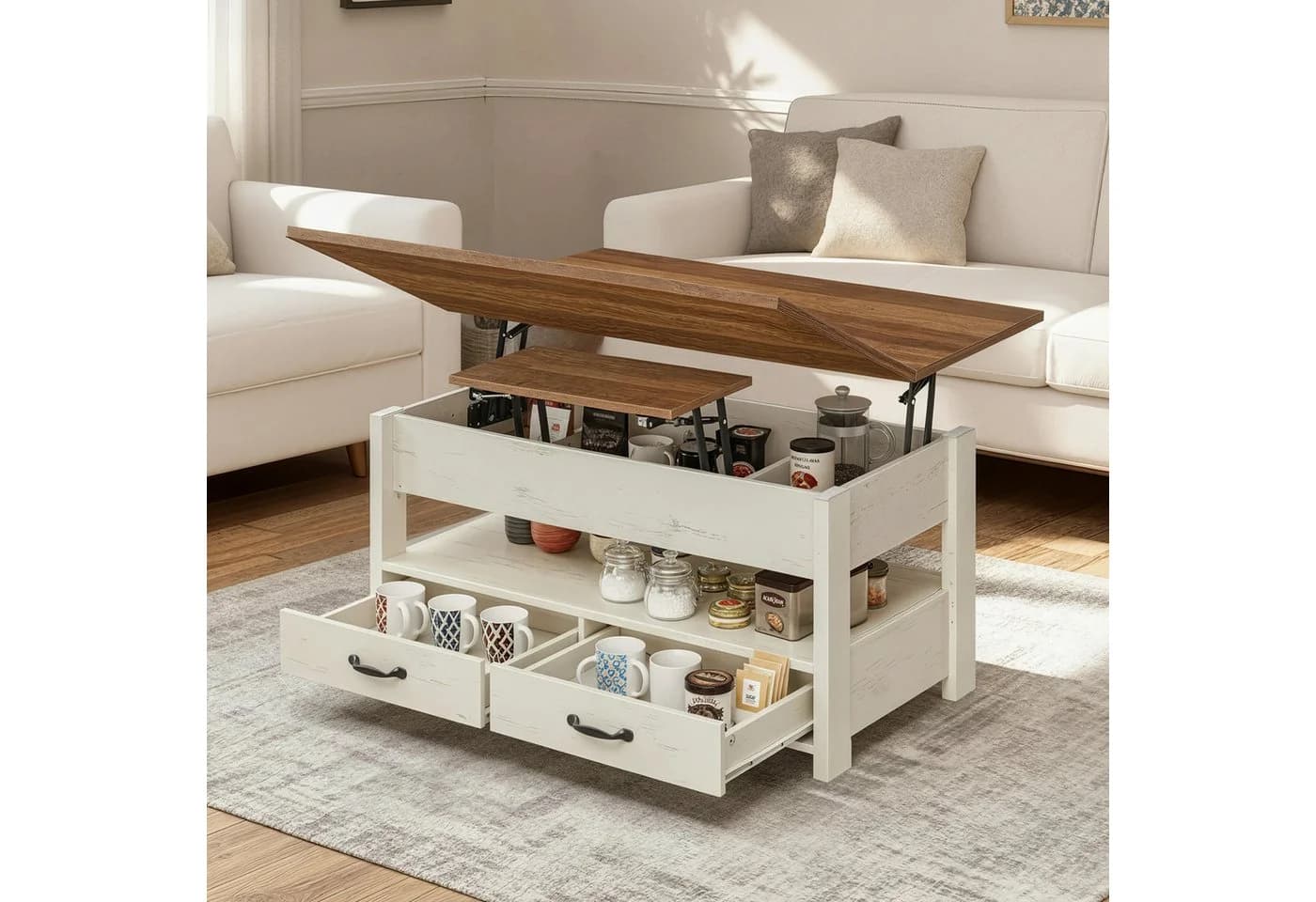 VASAGLE Couchtisch Lift-Top Braun-Weiß mit Schubladen - Bild 2