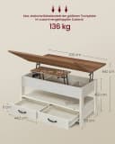 VASAGLE Couchtisch Lift-Top Braun-Weiß mit Schubladen Bild 3