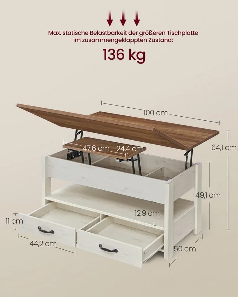 VASAGLE Couchtisch Lift-Top Braun-Weiß mit Schubladen - Bild 3