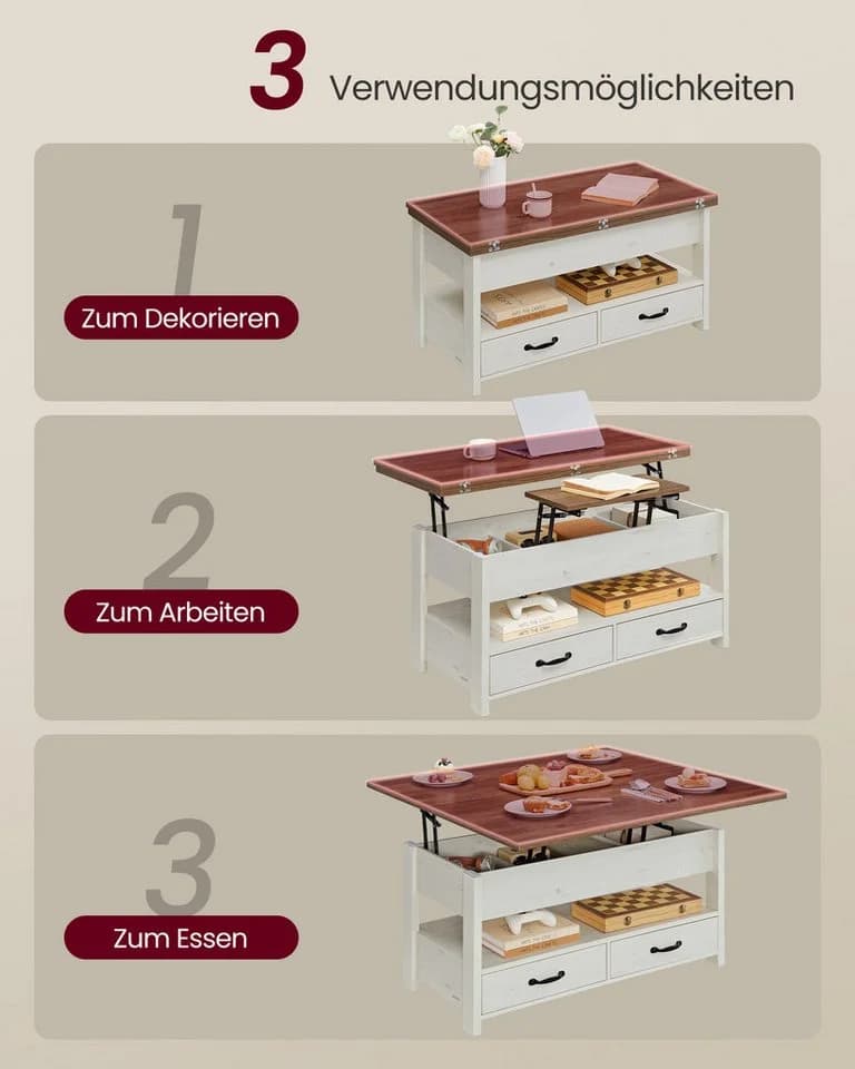 VASAGLE Couchtisch Lift-Top Braun-Weiß mit Schubladen - Bild 4
