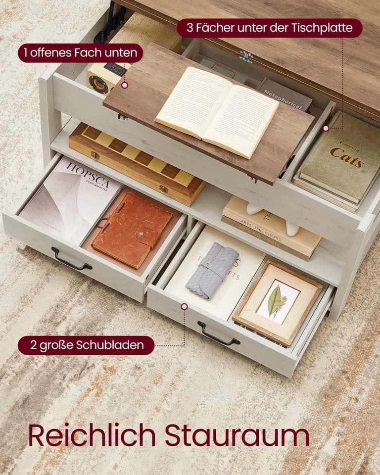 VASAGLE Couchtisch Lift-Top Braun-Weiß mit Schubladen - Bild 5