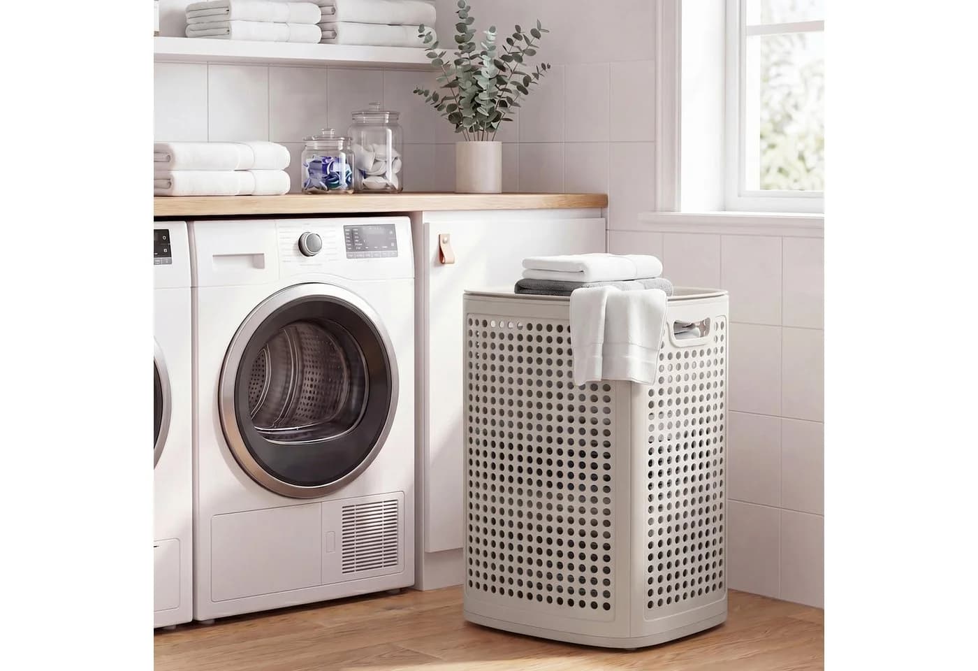 SONGMICS Wäschesammler mit Deckel Beige Plastik schmal