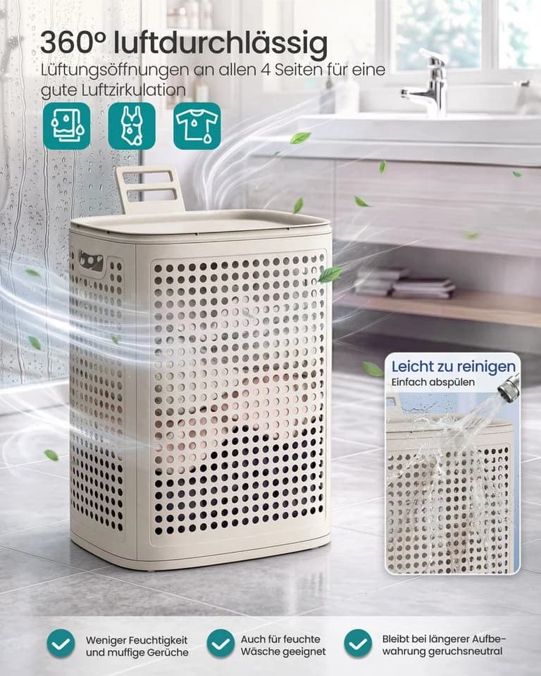 SONGMICS Wäschesammler mit Deckel Beige Plastik schmal - Bild 3