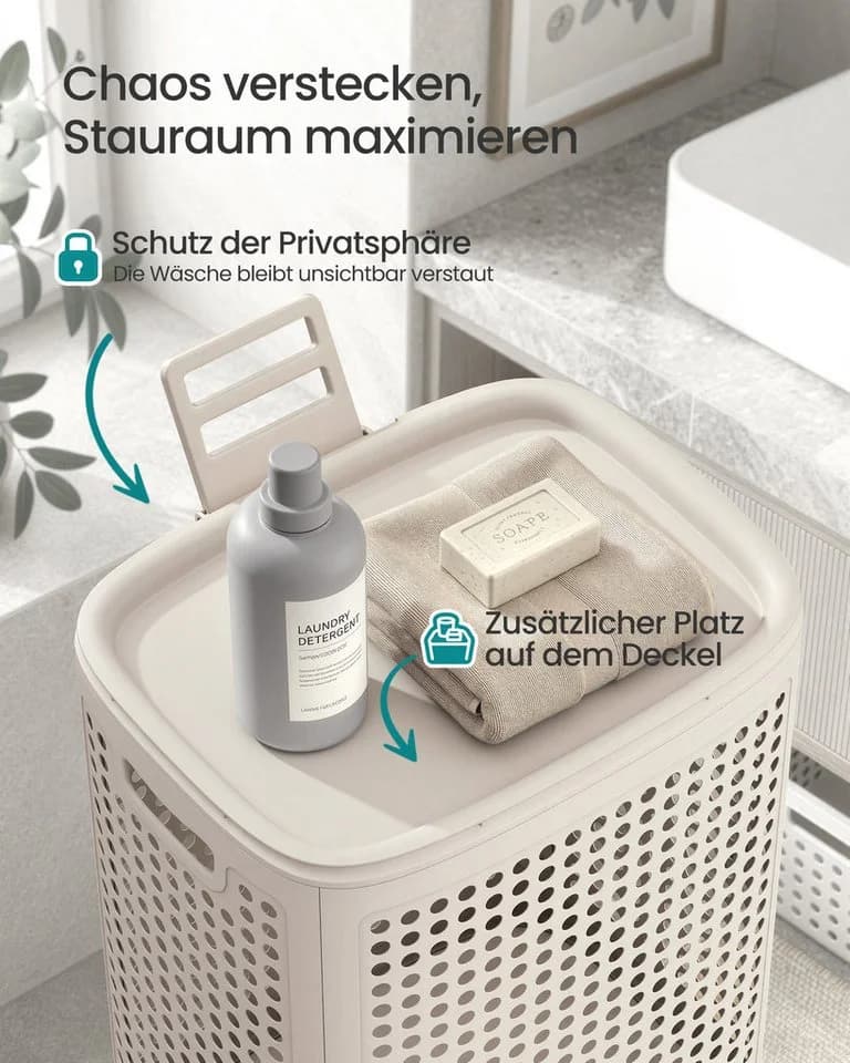 SONGMICS Wäschesammler mit Deckel Beige Plastik schmal - Bild 4