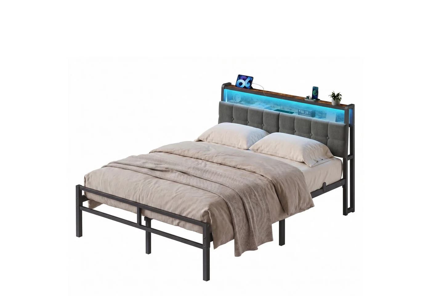 VASAGLE Metallbett 140x200 Schwarz mit LED & Steckdosen