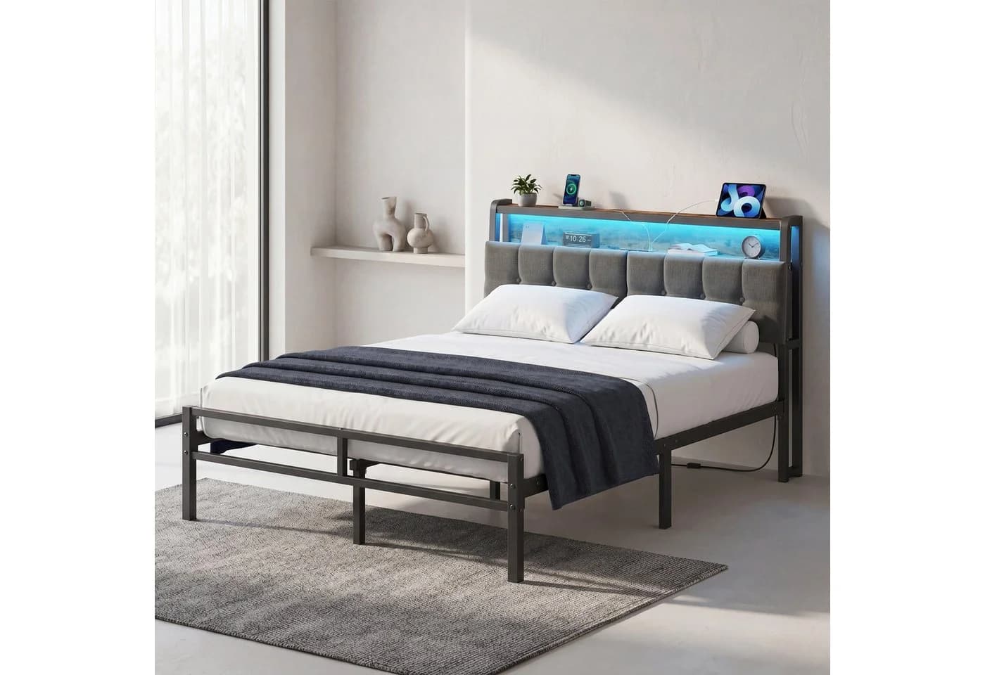 VASAGLE Metallbett 140x200 Schwarz mit LED & Steckdosen - Bild 3