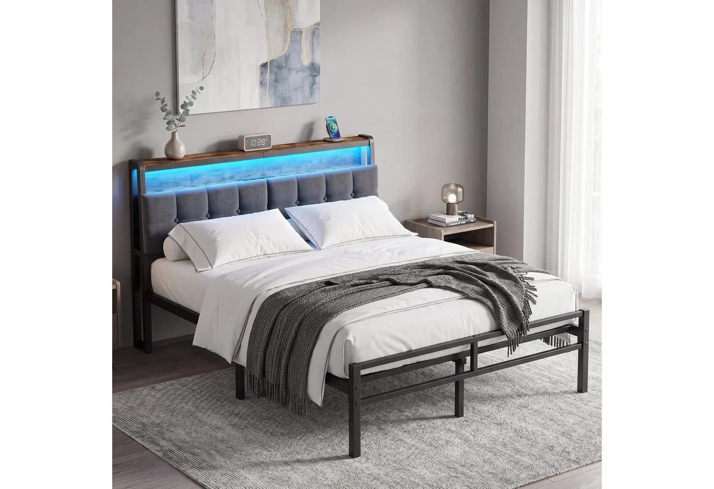 VASAGLE Metallbett 140x200 Schwarz mit LED & Steckdosen - Bild 4