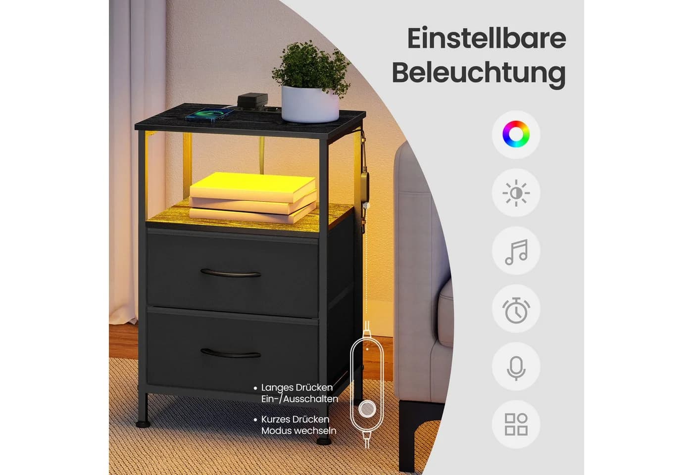 SONGMICS Nachttisch 2er Set mit LED und Ladefunktion Schwarz - Bild 5
