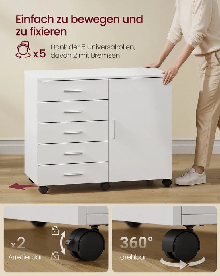 VASAGLE Aktenschrank Rollcontainer Weiß mit 5 Schubladen - Bild 5