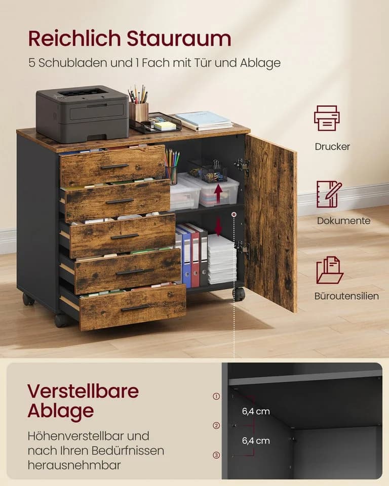 VASAGLE Aktenschrank Rollcontainer 5 Schubladen Braun - Bild 4