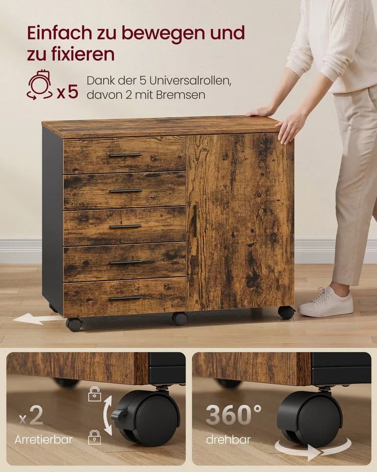 VASAGLE Aktenschrank Rollcontainer 5 Schubladen Braun - Bild 5