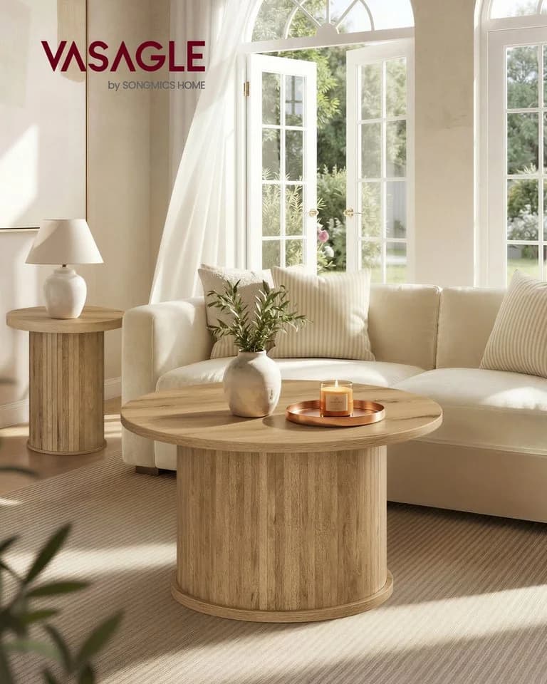 VASAGLE Couchtisch rund Holzoptik Tambour-Design Naturbraun - Bild 3