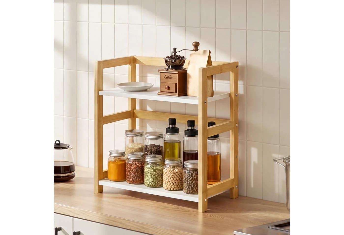 SONGMICS Gewürzregal 2 Ebenen Naturbeige-Schneeweiß Bambus MDF - Bild 3