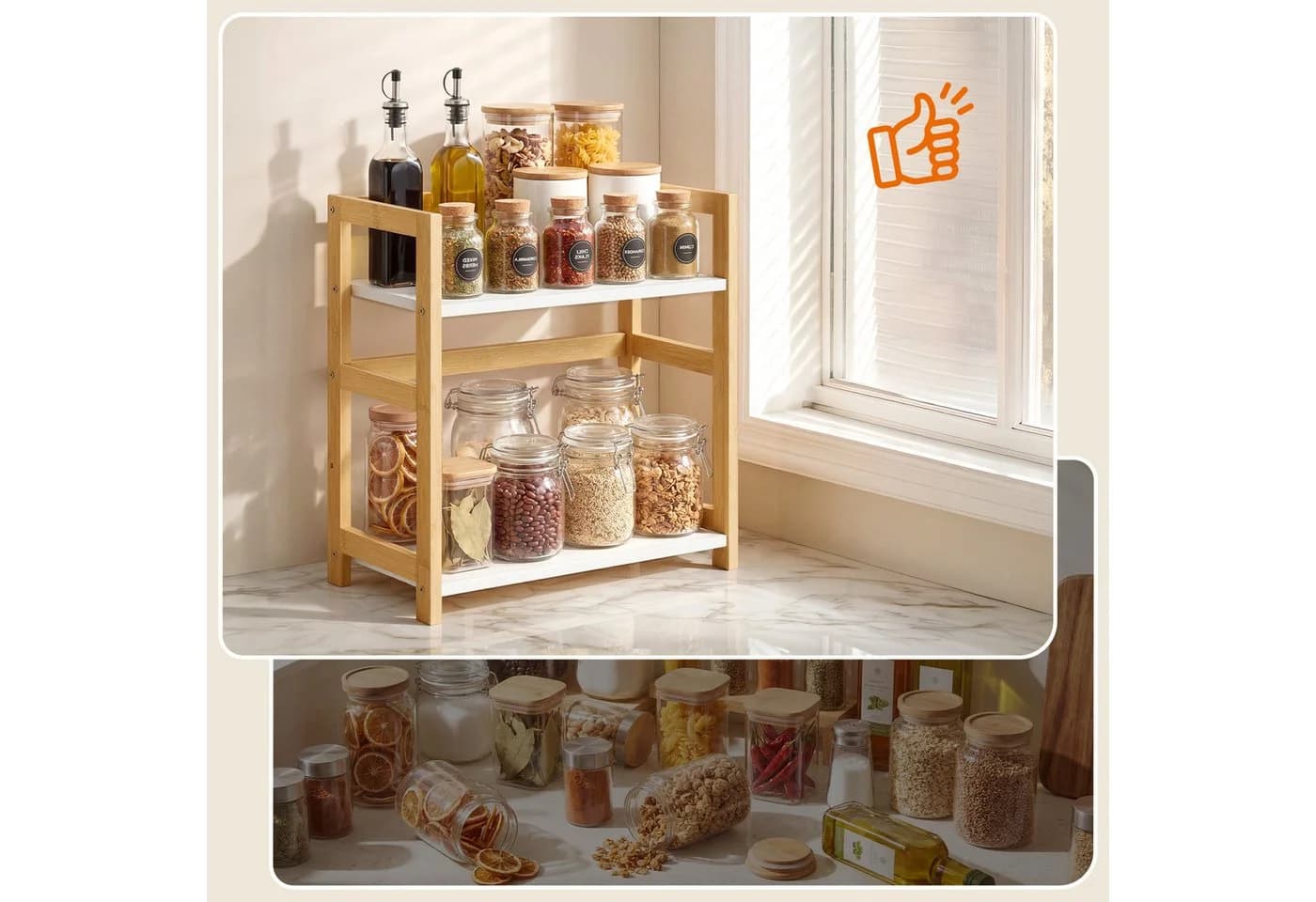 SONGMICS Gewürzregal 2 Ebenen Naturbeige-Schneeweiß Bambus MDF - Bild 5
