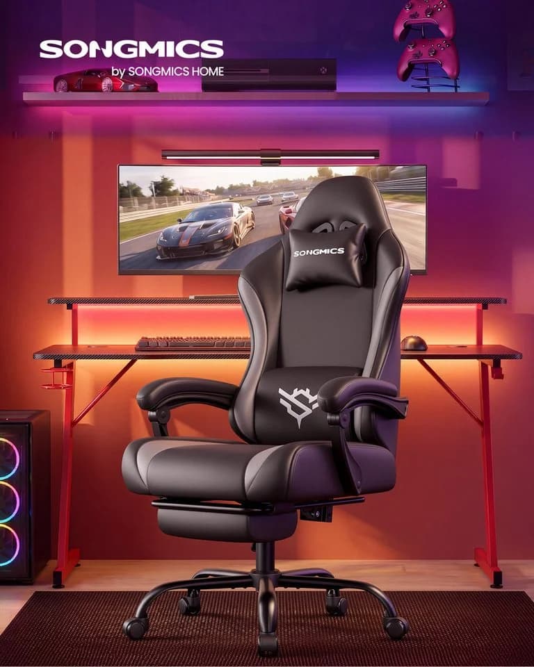 SONGMICS Gaming Stuhl mit Fußstütze & Lendenkissen, 135° Neigung, Schwarz/Grau