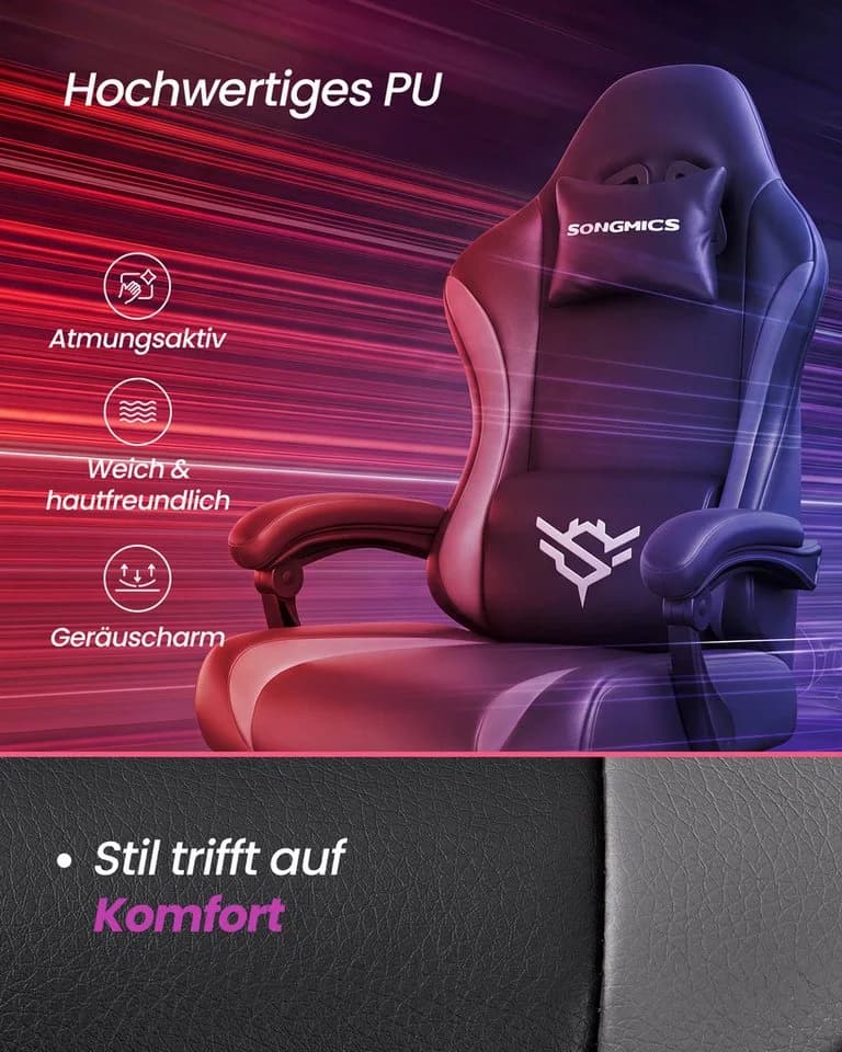 SONGMICS Gaming Stuhl mit Fußstütze & Lendenkissen, 135° Neigung, Schwarz/Grau - Bild 3