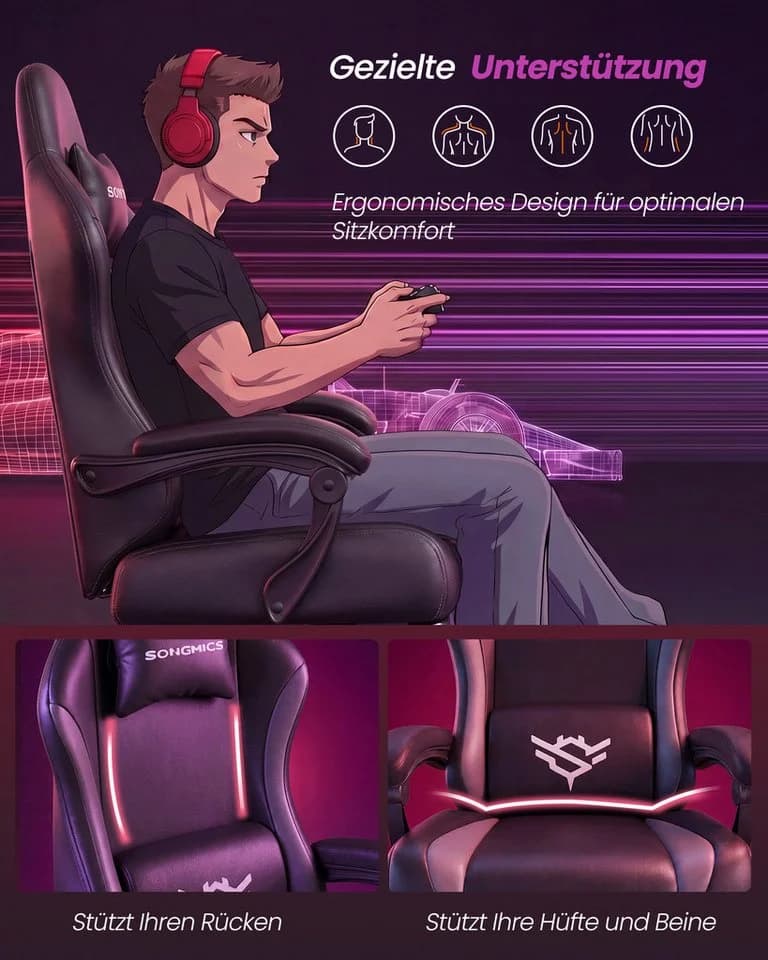 SONGMICS Gaming Stuhl mit Fußstütze & Lendenkissen, 135° Neigung, Schwarz/Grau - Bild 5