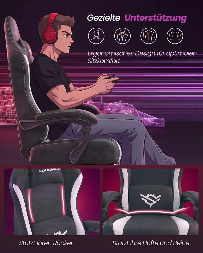 SONGMICS Gaming Stuhl Cathy mit Fußstütze und Lendenkissen - Bild 5