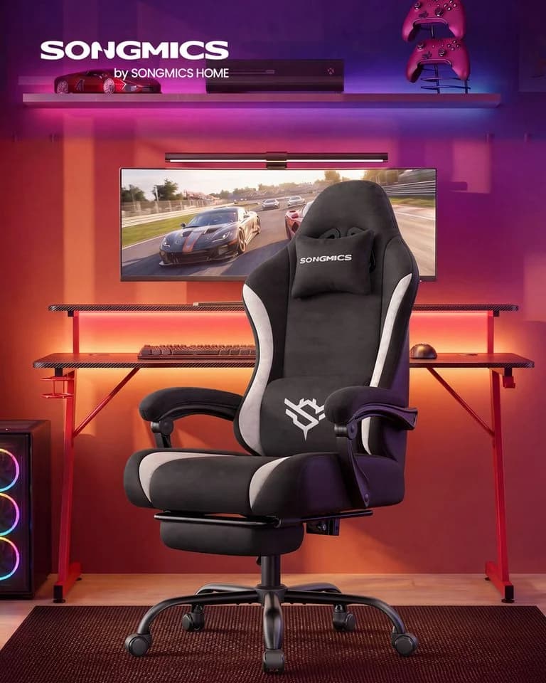 SONGMICS Gaming Stuhl Schwarz mit Fußstütze und Lendenkissen