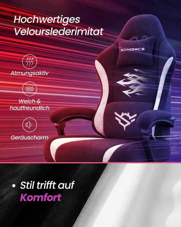 SONGMICS Gaming Stuhl Schwarz mit Fußstütze und Lendenkissen - Bild 3