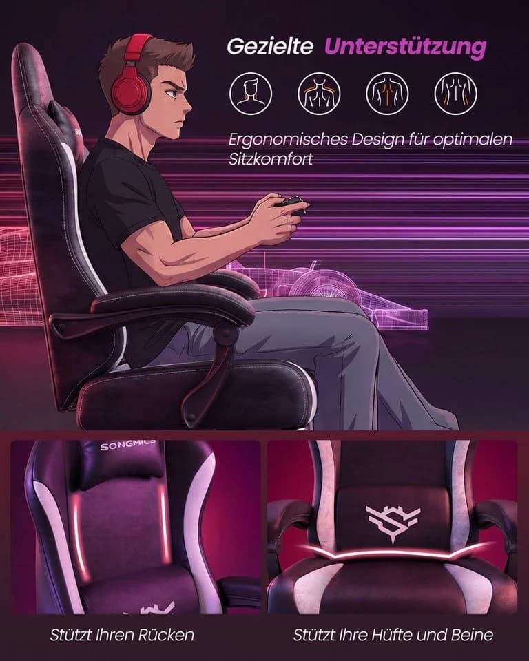 SONGMICS Gaming Stuhl Schwarz mit Fußstütze und Lendenkissen - Bild 5
