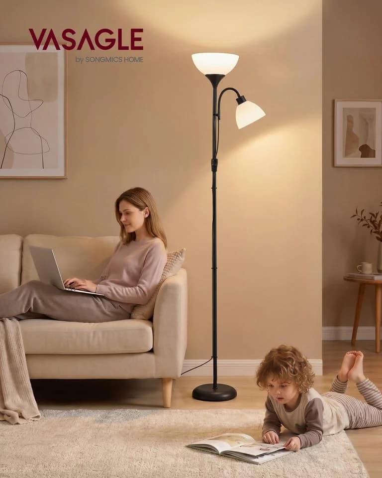 VASAGLE Stehlampe Deckenfluter mit Leselampe Mattschwarz