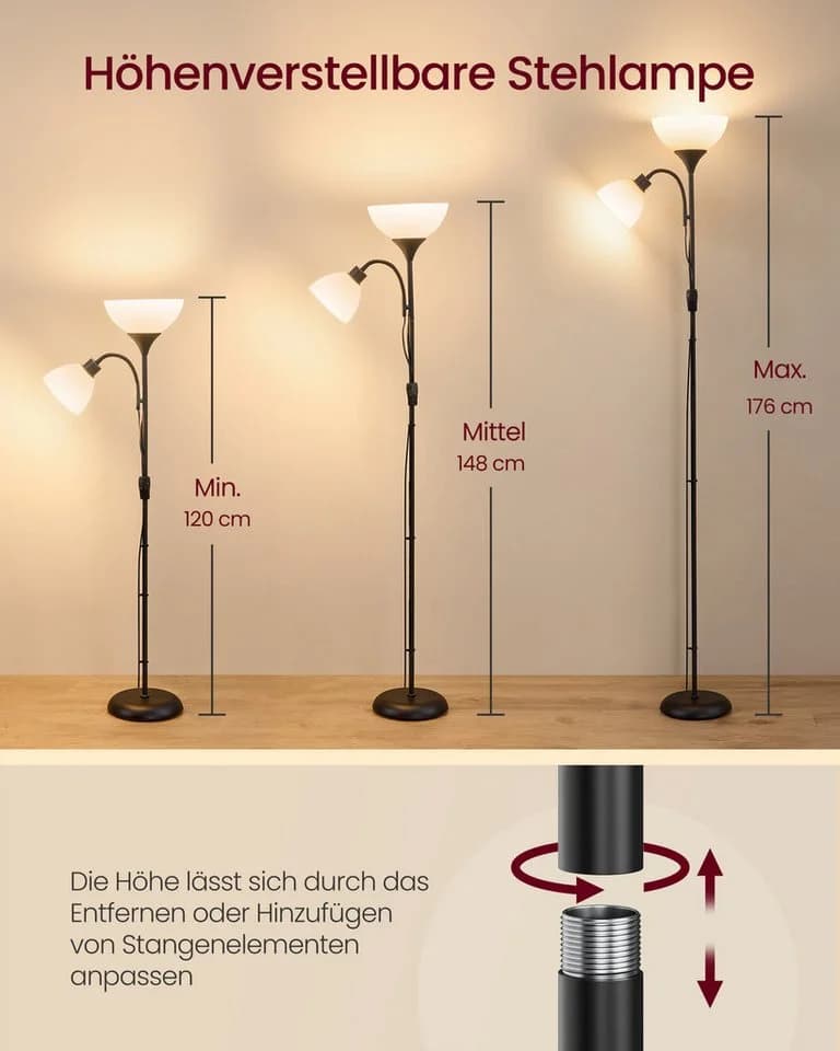 VASAGLE Stehlampe Deckenfluter mit Leselampe Mattschwarz - Bild 5