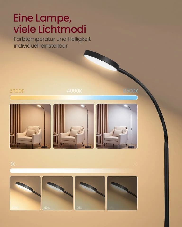 VASAGLE Stehlampe Mattschwarz LED mit 3 Farben und 10 Helligkeiten - Bild 5
